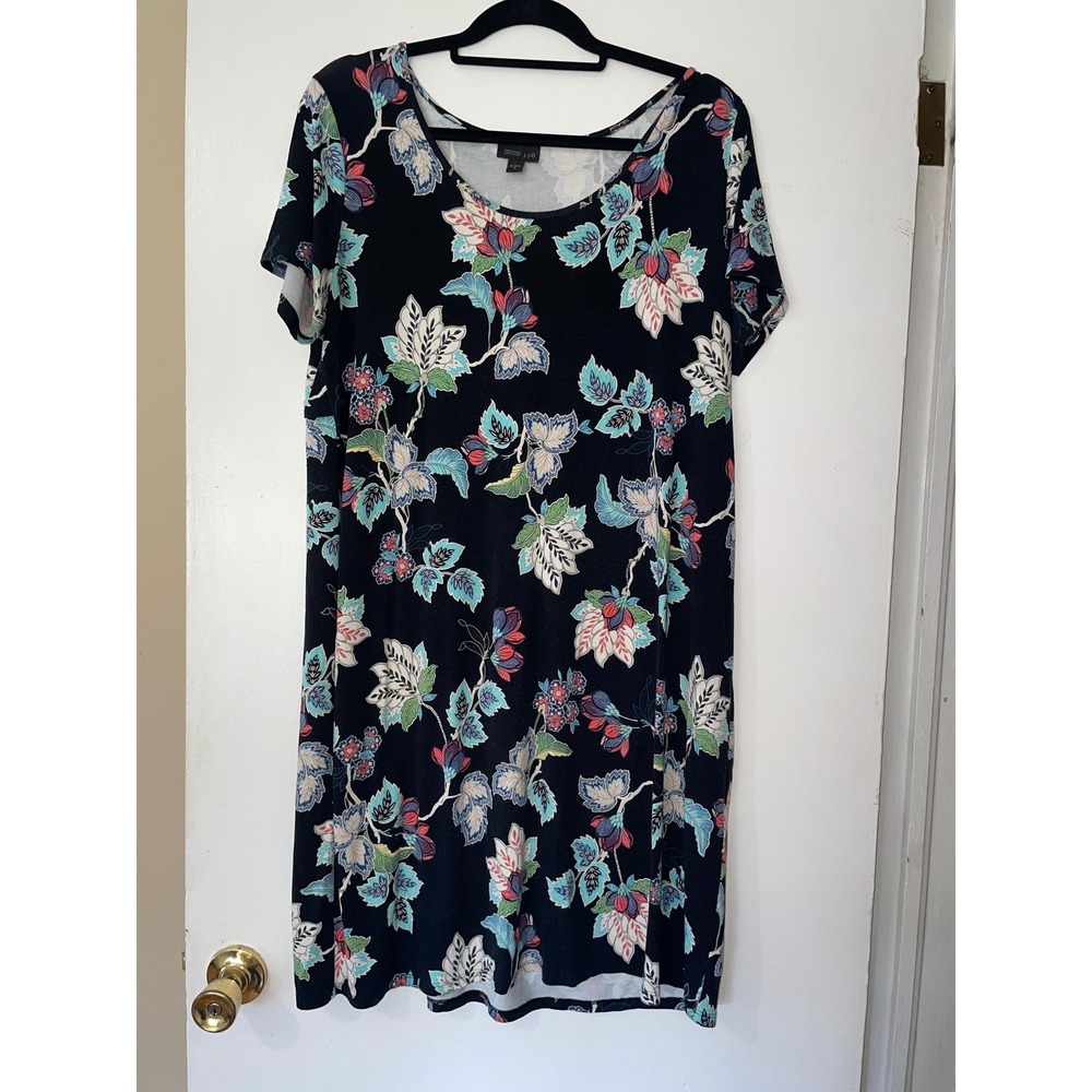 J. Jill‎ Wearever Floral Knit Dress Black Multi Short Sleeve Empire Waist Medium